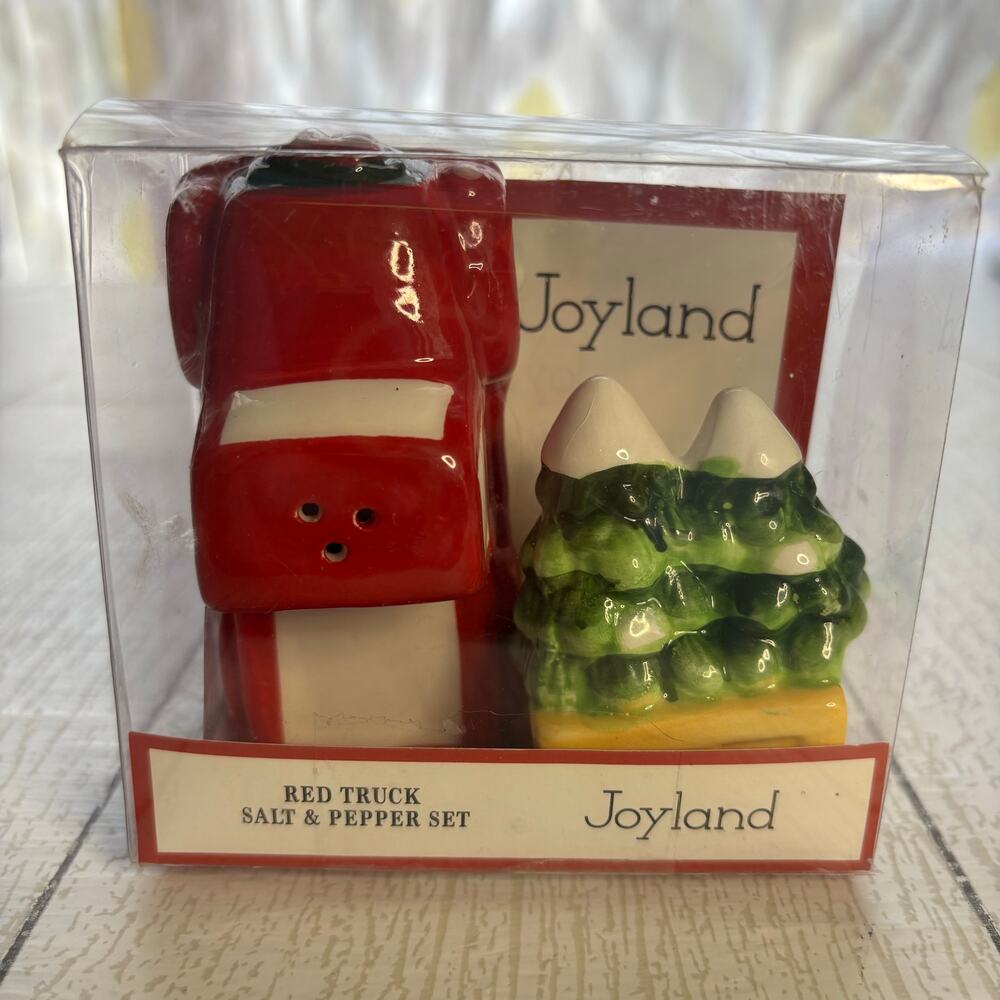 Joyland New In Box Red Truck and Snowy Pine Trees Salt and Pepper Shakers